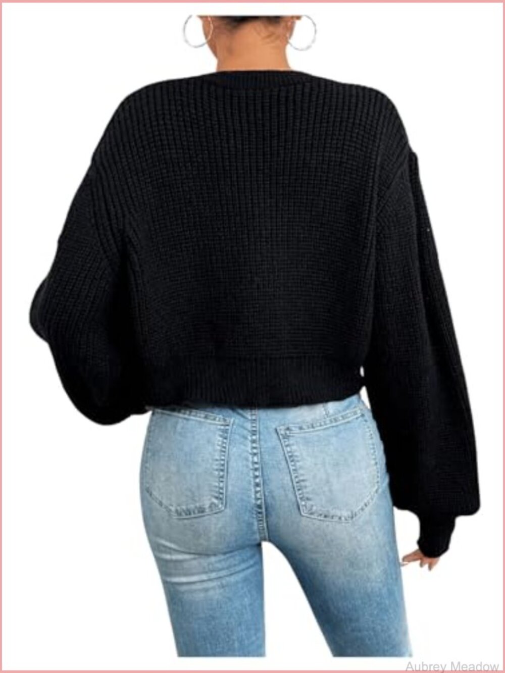Women's Button Down V Neck Cropped Knitted Lantern Sleeve Cardigan Sweater - Picture 2 of 6